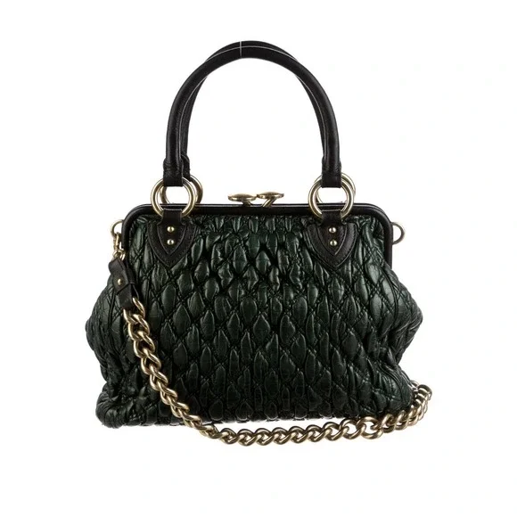 Marc Jacobs‎ Stam Bag Classic Quilted Satchel Shoulder Handbag Green Kiss Lock Shoulder Bags